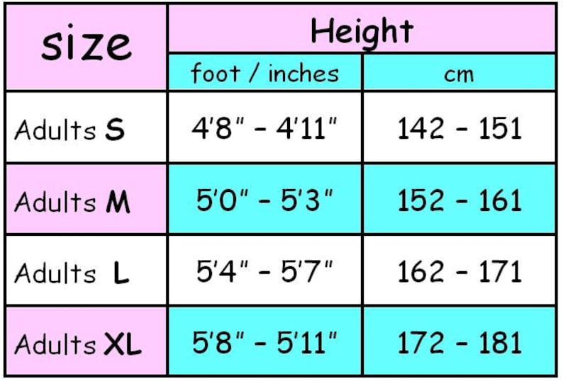 Op de afbeelding: Een roze en blauwe tabel die de maten van volwassen kleding en de bijbehorende hoogtebereiken in voet en inch, en in centimeters laat zien.