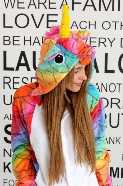Unicorn Pajamas Adult Size Rainbow Unicorn Onesie W/Pockets And