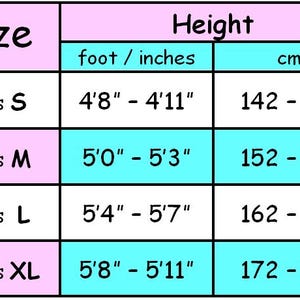 May include: A pink and blue chart showing adult clothing sizes and corresponding height ranges in feet and inches, and centimeters.