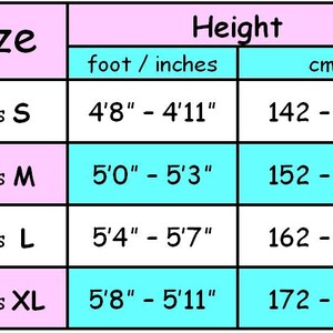 May include: A pink and blue chart showing adult clothing sizes and corresponding height ranges in feet and inches, and centimetres.