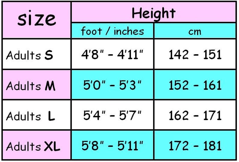 May include: A pink and blue chart showing adult clothing sizes and corresponding height ranges in feet and inches, and centimetres.