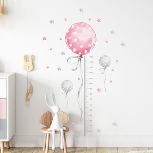 Meisjes roze ballon groei grafiek, kwekerij groei grafiek, aquarel groei grafiek, ballon muur sticker, kid's groei grafiek, groei grafiek liniaal