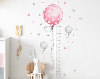 Meisjes roze ballon groei grafiek, kwekerij groei grafiek, aquarel groei grafiek, ballon muur sticker, kid's groei grafiek, groei grafiek liniaal