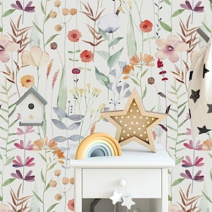 Carta da parati rimovibile con fiori ad acquerello, murale floreale per cameretta dei bambini, carta da parati con fiori per cameretta dei bambini, carta da parati staccabile e adesiva, arte murale floreale boho