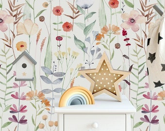 Papel tapiz extraíble con flores de acuarela, mural de pared floral para guardería, papel tapiz de flores para guardería, papel tapiz despegable y adhesivo, arte de pared floral bohemio