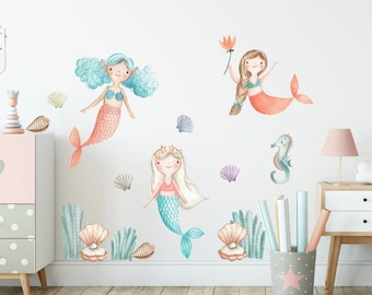 Mermaid Wall Decal, Girls Room Wall Sticker, Nursery Mermaid Sticker, Mermaid Wall Art, Nursery Wall Decal, Ocean Life Set Decal