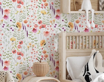 Watercolor Tiny Flowers Wallpaper, Removable Wallpaper, Boho Floral Wallpaper, Nursery Flowers Wallpaper, Peel and Stick Wallpaper