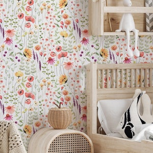 Carta da parati con piccoli fiori ad acquerello, carta da parati rimovibile, carta da parati floreale boho, carta da parati con fiori per bambini, carta da parati staccabile e adesiva