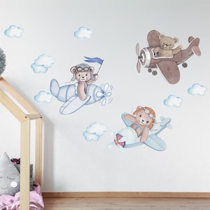 Flying Bears Wall Decal, Nursery Bear Wall Decal, Nursery Wall Decal, Airplane Wall Decal, Boys Girls Room Decal, Watercolor Bear Decal