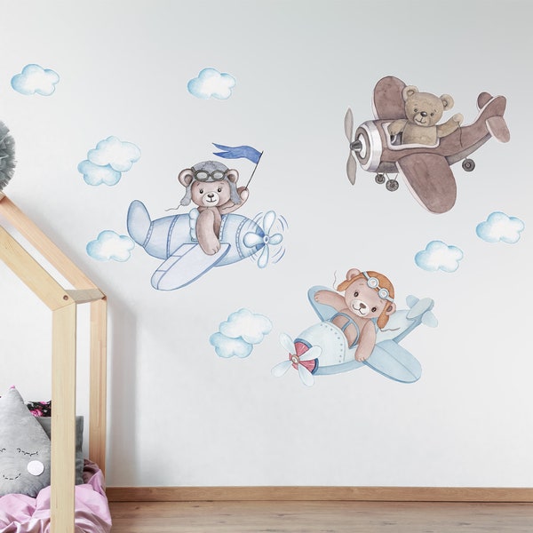 Flying Bears Wall Decal, Nursery Bear Wall Decal, Nursery Wall Decal, Airplane Wall Decal, Boys Girls Room Decal, Watercolor Bear Decal