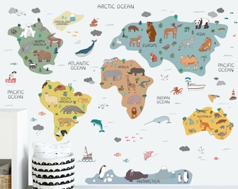 Childrens Animal World Map Decal, Nursery Wall Decal, Nursery World Map Sticker, Peel and Stick, Animal Map Sticker, Map Wall Decal