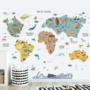Abziehbild, Kinderzimmer Wandtattoo, Kinderzimmer Weltkarte, Aufkleber, Schälen und Aufkleben, Tierkarte, Aufkleber, Wandtattoo