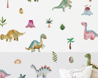 Naklejka ścienna z dinozaurami w akwareli, dekoracja pokoju chłopca z dinozaurami, naklejka ścienna z dinozaurami, sztuka ścienna z dinozaurami, naklejka samoprzylepna, naklejka z dinozaurami jurajskimi