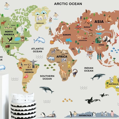 Big World Map Decal, Boho World Map Decal, Large World Map For Kids