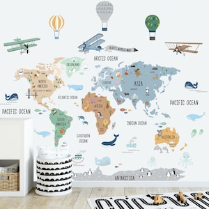 World Map Wall Decal for Kids, Animal World Map Sticker, Nursery World Map Decal, World Map Murals, World Map Decor, Peel Stick Wall Decal