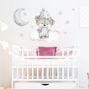 Sleeper Teddy Bear Decal, Nursery Bear Wall Decal, Boys Room Wall Decal, Nursery Wall Sticker, Babyshower Gift