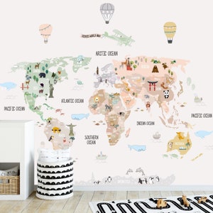 Country Names Colorful World Map Sticker, Animal World Map Decal, Peel and Stick Map Decal, World Map Wall Mural, Children World Map Sticker