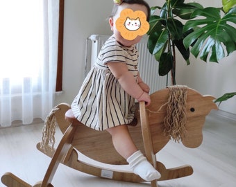 Wooden Rocking Horse - Leather Seat - Nursery Toys, Baby Rocking Horse, Natural Wood Horse Toys, Unique Ride on Toys, Kids Rocking Toys