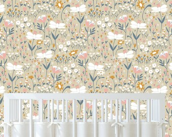 Floral Removable Wallpaper, Peel and Stick Wallpaper, Wildflower Wall Mural, Kids Wallpaper, Nursery Wallpaper, Floral Wall Decoration