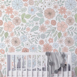 Nursery Floral Wallpaper,  Peel and Stick Kids,  Soft Garden Flowers, Floral Wall Mural, Removable Wallpaper, Wallpaper for Kids