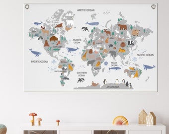 Weltkarte Wandbehang, Kinderzimmer Weltkarte, Kinderzimmer Weltkarte, Karte Wandkunst, Weltkarte Leinwand Wandteppich, Kinder Tier Weltkarte Banner
