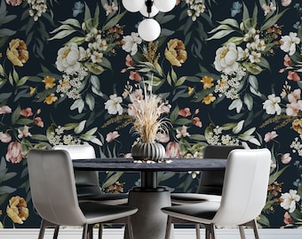Dark Floral Wallpaper, Botanical Removable Wallpaper, Peel Stick Wallpaper, Floral Wall Mural, Bedroom Wallpaper, Flower Wallpaper, Wall Art