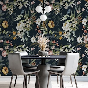 Dark Floral Wallpaper, Botanical Removable Wallpaper, Peel Stick Wallpaper, Floral Wall Mural, Bedroom Wallpaper, Flower Wallpaper, Wall Art