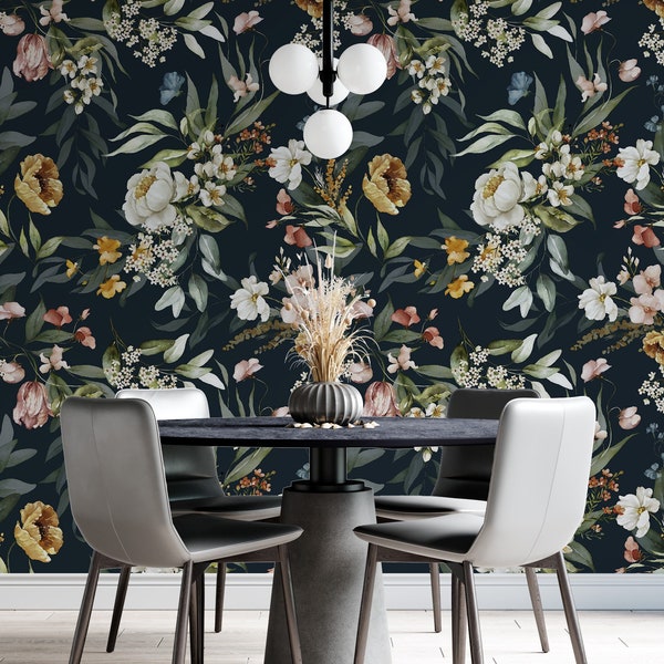 Dark Floral Wallpaper, Botanical Removable Wallpaper, Peel Stick Wallpaper, Floral Wall Mural, Bedroom Wallpaper, Flower Wallpaper, Wall Art