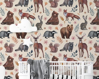 Forest Animal Wallpaper, Nursery Woodland Wallpaper, Nursery Wall Mural, Removable Wallpaper, Peel and Stick Wallpaper, Kids Room Wall Mural