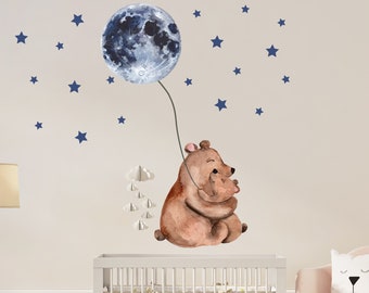 Calcomanía de pared de oso y oso de peluche, calcomanía de pared de oso y luna, calcomanía de oso de guardería, calcomanía de oso de habitación infantil, calcomanía de pared de oso, calcomanía de pared de luna