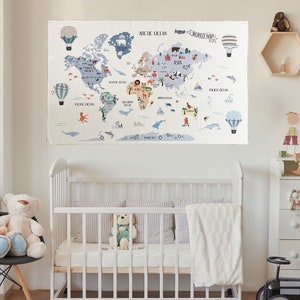 Weltkarte Wandbehang - Weltkarte Wandbehang - Bio Baumwolle Stoff - Wanddeko Karte - Weltkarte - Wanddeko Karte - Kinderzimmer Wanddeko