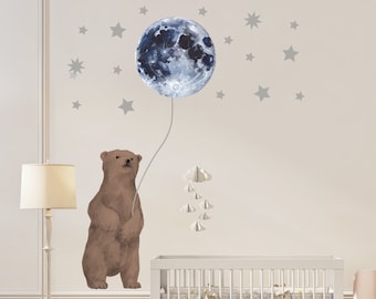 Sticker mural ours brun, sticker mural ours et lune, sticker mural ours brun et étoiles, autocollant ours chambre d'enfant, sticker ours chambre enfant, sticker étoiles