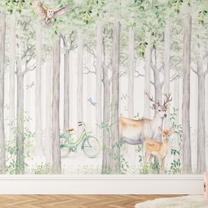 Wald Tapete, Kinder Tapete abziehen und aufkleben, Kinderzimmer Wandtattoo, abnehmbare Tapete Kinder, Kinderzimmer Tapete, Wald Tier Wandbild
