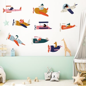 Pilot Animals Wall Decal, Nursery Flying Animal Wall Decal, Airplane Wall Decal, Kid Room Animal Wall Decal, Toddler Room Decal, Plane Decal