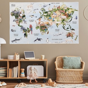 Tapiz de mapa del mundo animal de acuarela - Tapiz de tela de algodón orgánico - Tapiz de pared del mapa del mundo - Regalo del mapa del mundo - Tapiz del mapa del mundo