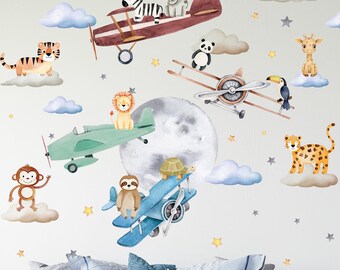 Naklejki ścienne Jungle Animals with Moon and Stars, Peel and Stick, Jungle Nursery Decor, Boys Room Decor, Kids Gifts, Safari Animals Airplane Decal