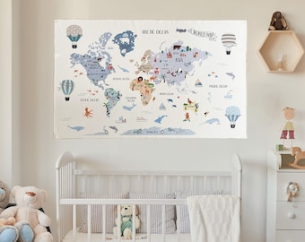 Tapeçaria de mapa mundial - Tapeçaria de tecido de algodão orgânico - Tapeçaria de parede de mapa mundial - Presente de mapa mundial - Tapeçaria de mapa de quarto infantil - Presente de mapa mundial
