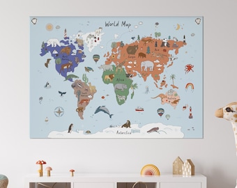 Kinderzimmer Weltkarte Wandteppich, Kinderzimmer Weltkarte Wandbild, Kinderzimmer Karte Leinwand, Tierwelt Karte Wandbild, Kinderzimmer Wanddeko