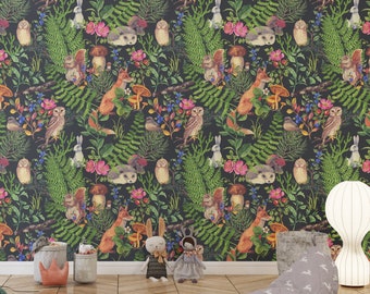 Forest Animals Removable Wallpaper, Cute Animals Peel & Stick Wallpaper, Woodland Wallpaper, Kids Room Wall Mural, Nursery Animal Wallpaper