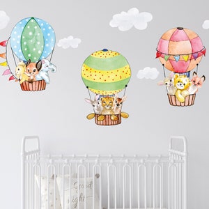 Animal Retro Hot Air Ballooons Wall Decal, Watercolor Hot Air Balloons Sticker, Jungle Animals with Hot Air Balloons Set, Nursery Wall Decal