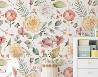 Watercolor Flower Wallpaper, Removable Wallpaper, Peel & Stick Wallpaper, Floral Wall Mural, Bedroom Flower Wallpaper, Nursery Wallpaper