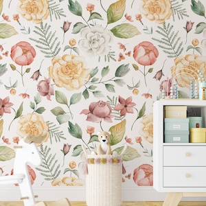 Carta da parati con fiori ad acquerello, carta da parati rimovibile, carta da parati staccabile e adesiva, murale floreale, carta da parati con fiori per camera da letto, carta da parati per bambini