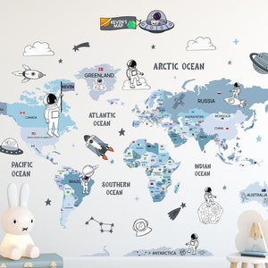 Space World Map Decal, Boys Room Map Decal, Nursery Map Decal, Toddler Map Decal, Coutry Flag Map Decal, World Map Wall Sticker, World Map