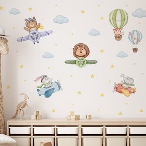 Watercolor Safari Animals With Airplane, Nursery Jungle Animals Wall Decal, Peel and Stick, Self Adhesive, Airplane Decal, Hot Air Balloon