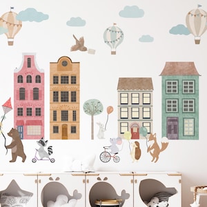 Nursery Houses Wall Decal, Nursery Animal Holding Balloon Wall Sticker, Hot Air Balloon Wall Decal, Peel and Stick, Nursery Wall Decor