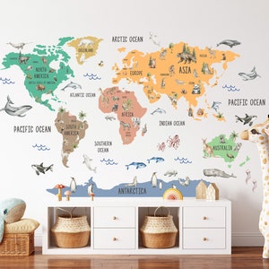Kids Animal World Map Sticker, Nursery World Map Decal, World Map Wall Sticker, Peel and Stick, Playroom Wall Sticker, Childrens Map Decal