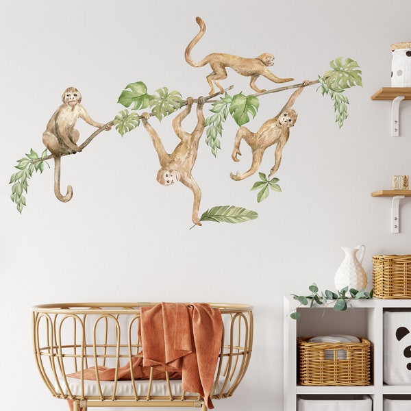 Safari animals wall decal, Nursery wall decal, Jungle animals, Tropical monkey wall stickers, Wall decal for kids, Monkey Wall Decal