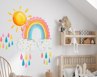Watercolor Rainbow Wall Decal, Nursery Watercolor Sun Sticker, Girls Room Rainbow Decal, Sun Sticker, Nursery Room Decal