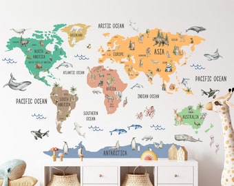 Kids Animal World Map Sticker, Nursery World Map Decal, World Map Wall Sticker, Peel and Stick, Playroom Wall Sticker, Childrens Map Decal