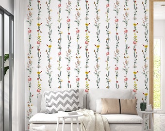 Stripe Flower Wallpaper, Peel and Stick Removable Wallpaper, Botanical Flower Wallpaper, Floral Wallpaper, Nursery Floral Wallpaper